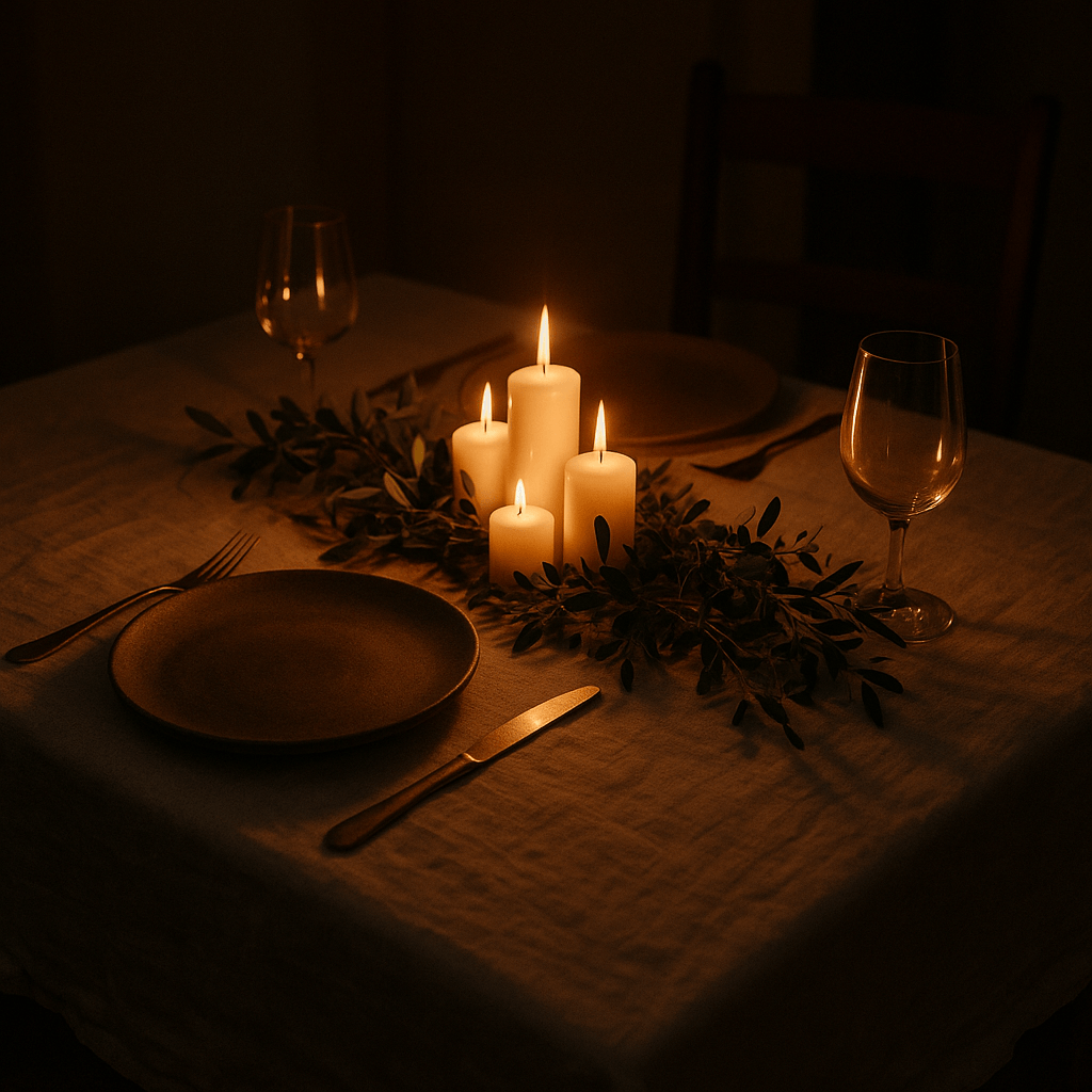Set dinner table in candlelight — unbleached linen cloth, white candles, stone plates, low greenery centrepiece, warm amber light, no people
