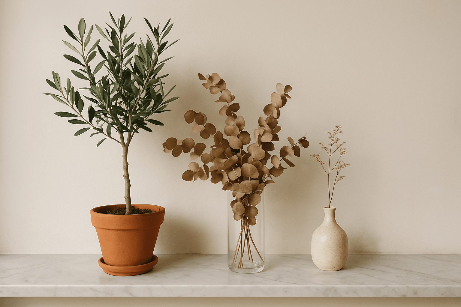Potted plants and dried botanical arrangements on a marble shelf — olive tree, dried eucalyptus, natural light