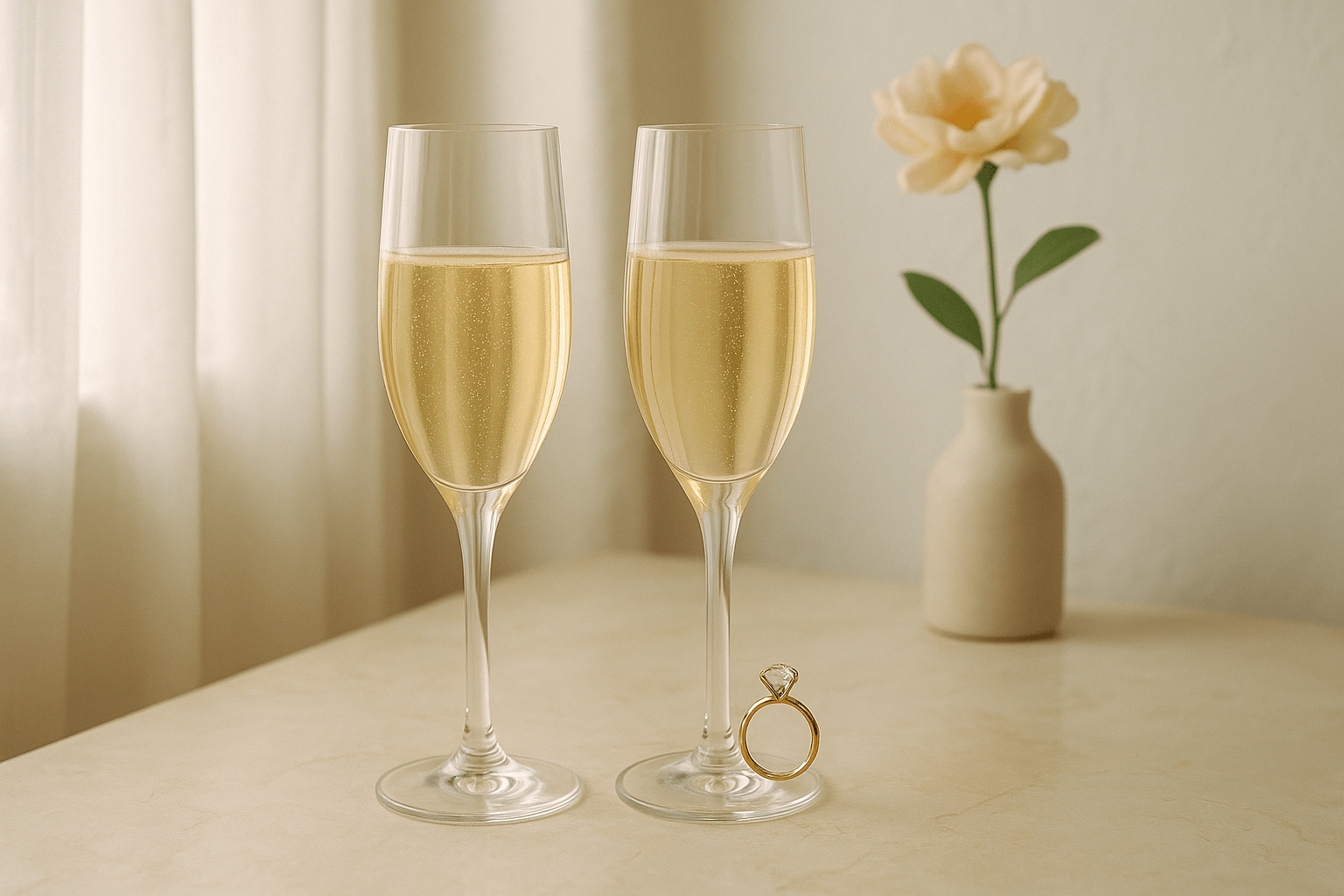 Quiet engagement moment — two champagne glasses on a marble surface, soft morning light, pale flowers in background, no people