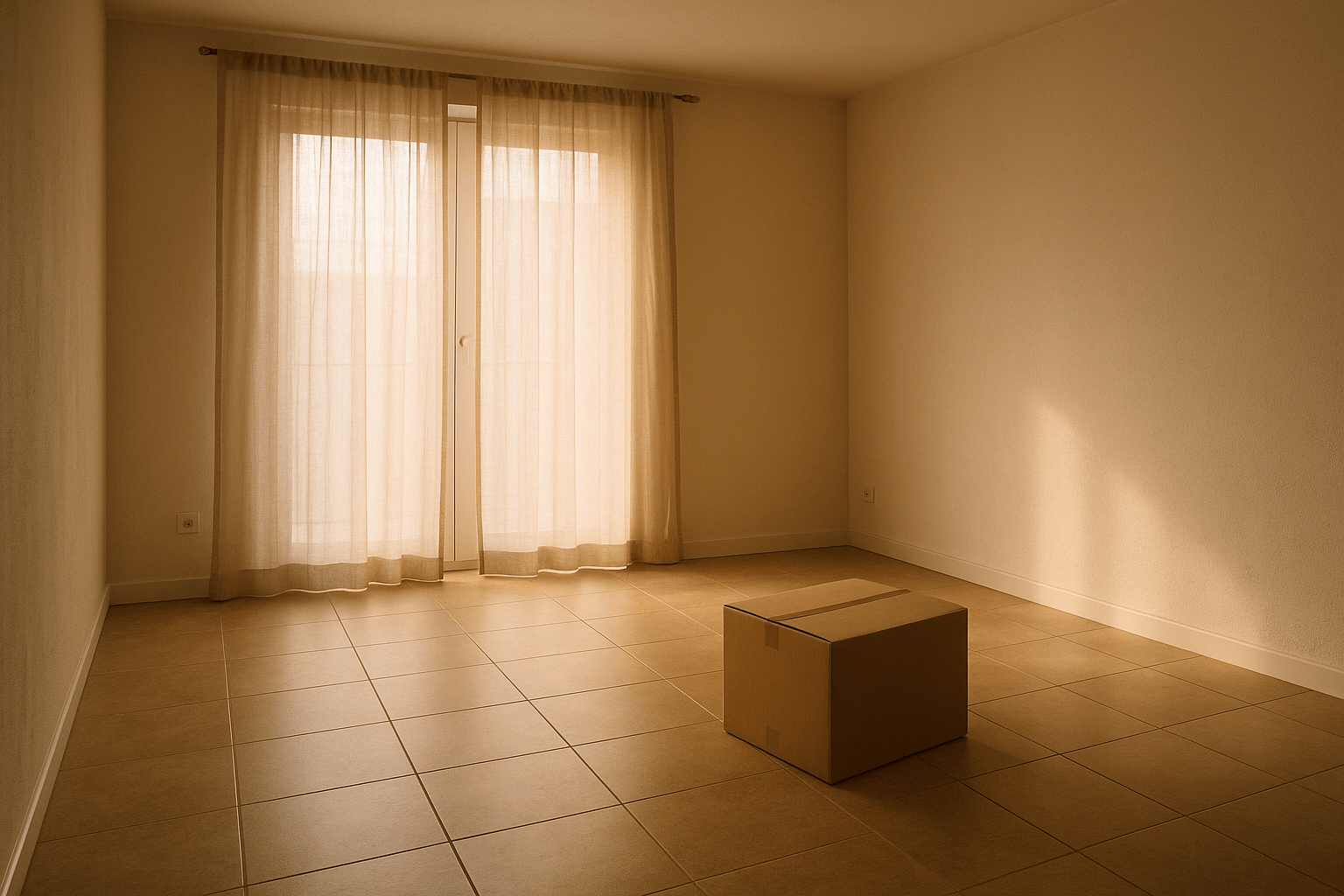 First shared home interior — warm natural light through linen curtains, empty room with warm stone floor, single cardboard box, calm morning atmosphere