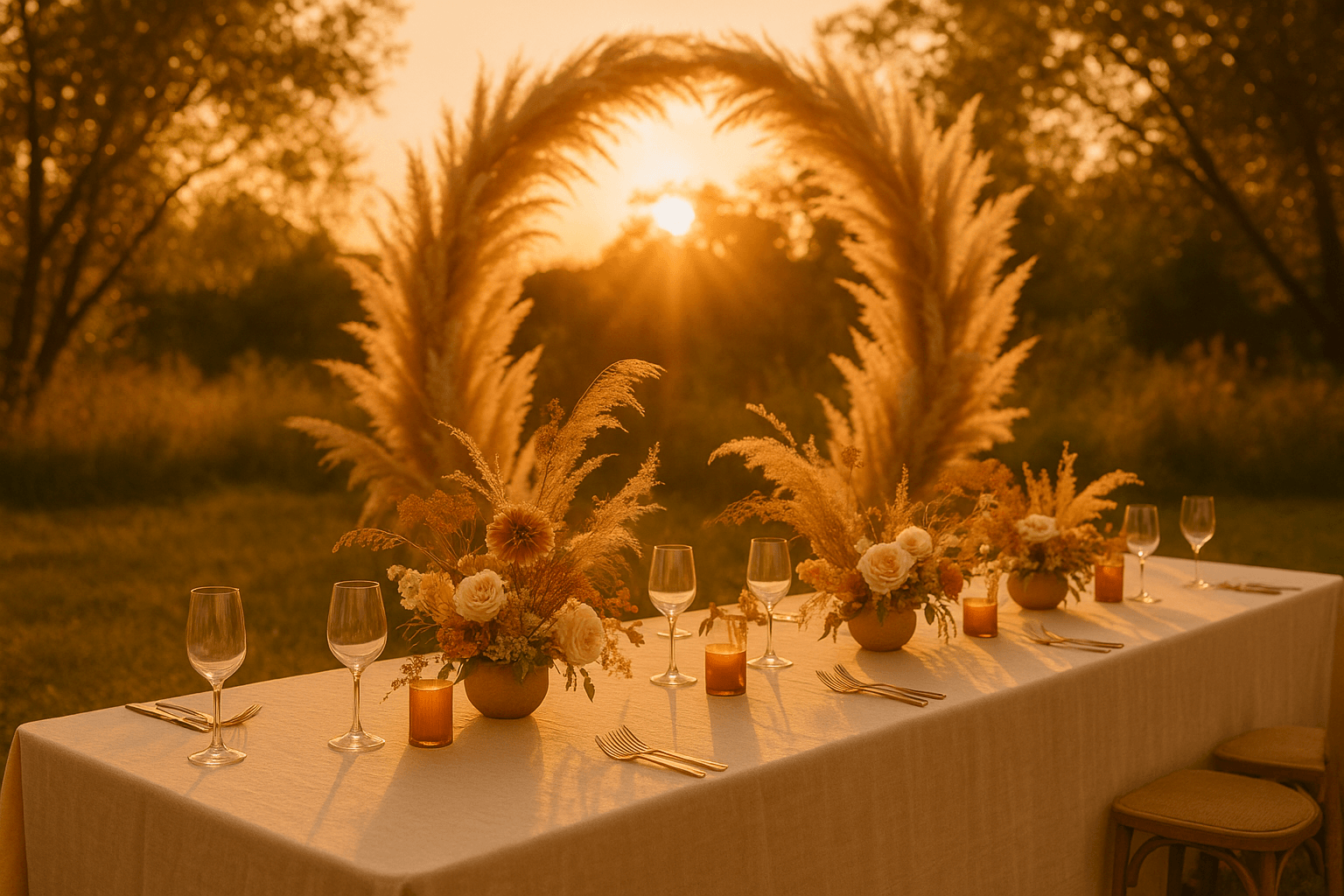 Golden hour outdoor ceremony with amber light filtering through botanical arrangements