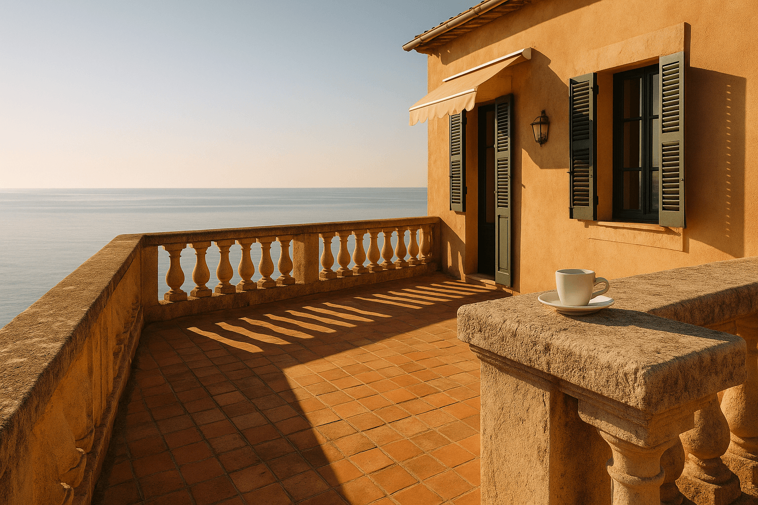Intimate boutique hotel terrace — worn stone balustrade, terracotta tiles, morning light on the sea, no people, single coffee cup