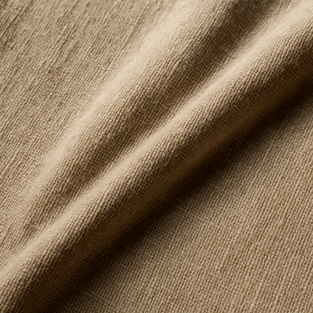 Close detail of undyed linen fabric texture — natural flax fibres visible, soft shadow, warm natural light, no people