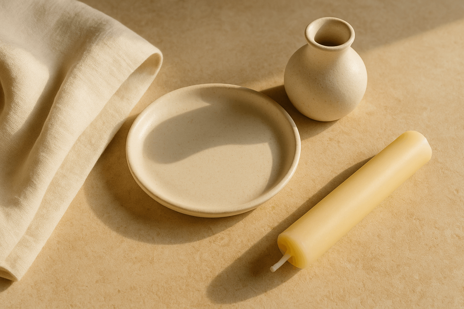Styled flat lay of ivory and cream objects — undyed linen, unglazed ceramic, beeswax candle on warm stone surface
