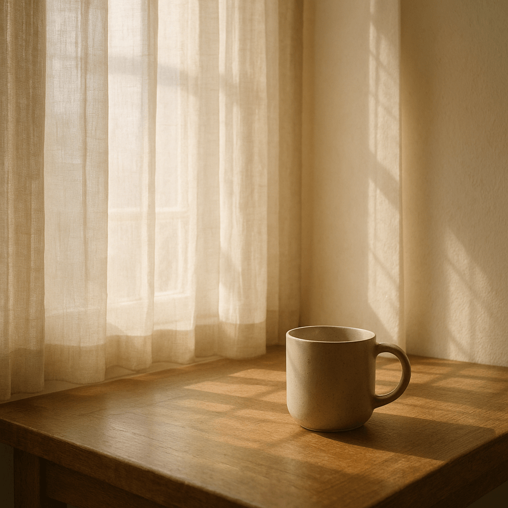 Early morning interior — pale light through linen curtains, single coffee cup on a wooden surface, no people, quiet domestic stillness