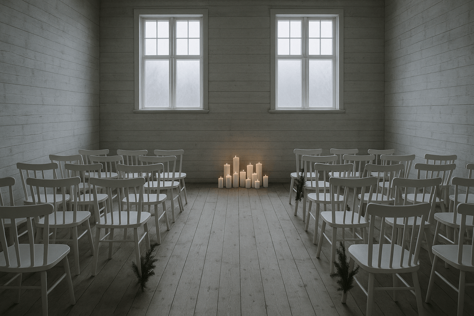 Spare Nordic winter ceremony interior with birch grey tones, white candles and minimal greenery