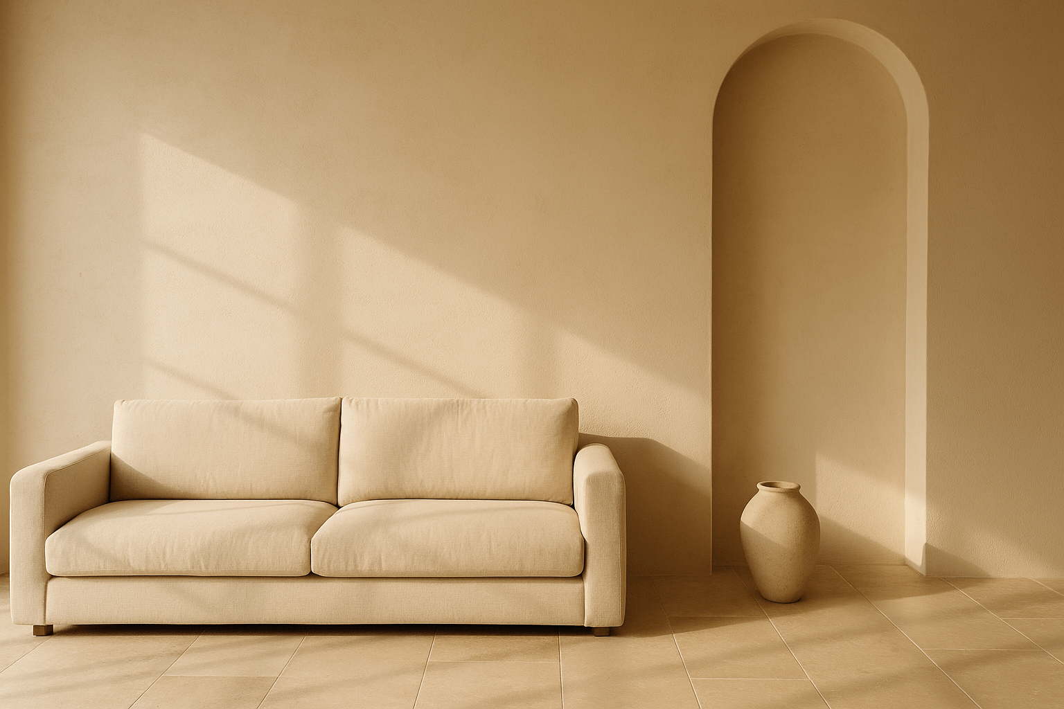 Minimalist interior with plaster white walls, warm stone floor and unbleached linen textiles