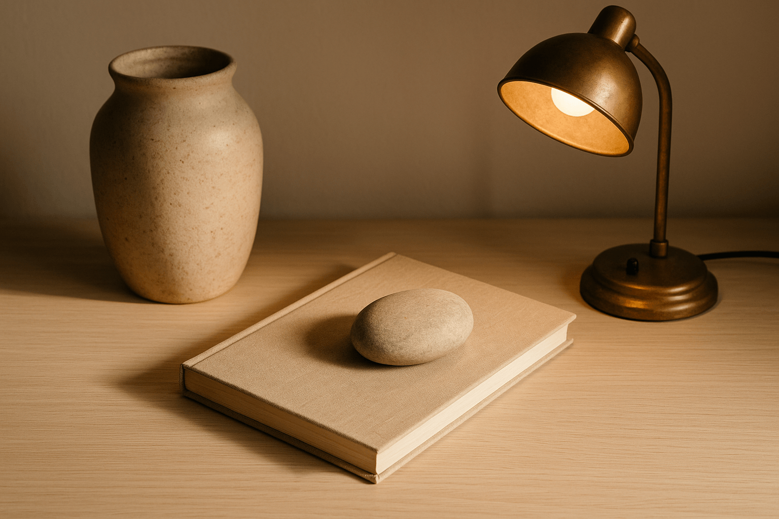 Still life of domestic objects — ceramic vessel, linen journal, stone paperweight, reading lamp on pale wood surface