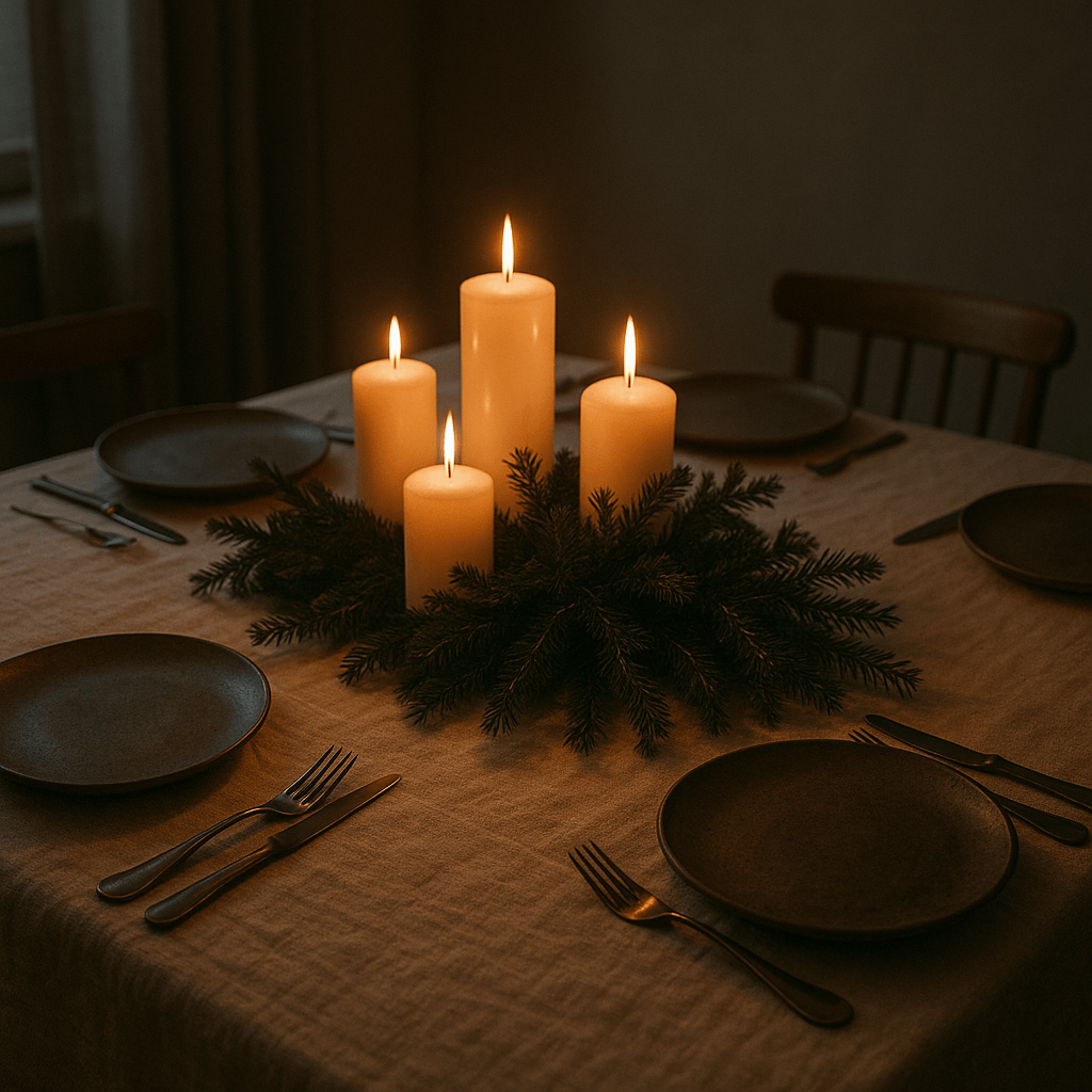 Winter dinner table setting — unbleached linen cloth, white pillar candles in varied groupings, dark greenery, stone plates, warm candlelight, no people